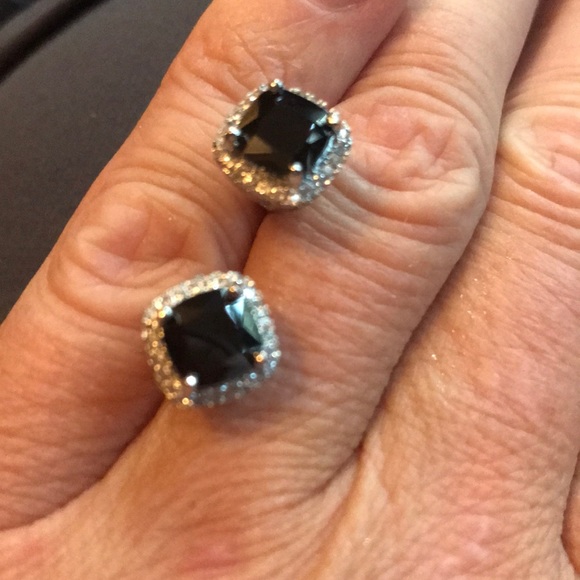 LAST PAIR Black Sapphire Halo Stud Silver Earrings - Picture 3 of 6
